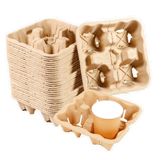 QoTang 50 Pack 4 Cup Disposable Coffee Tray, Biodegradable and Compostable Cup Holder, Portable Drink Carrier Trays for Hot & Cold Drinks, to Go Coffee Cup Holder for Food Delivery Service Takeout