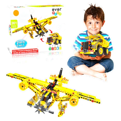 Everplay 361 Piece 2-in-1 Flying Propeller Airplane & Dump Truck Model Construction Building Brick Blocks DIY Transforming Engineer Take-a-Part Toy Set STEM Learning Kit School Kids Boys Girls Age 6+ EverPlay