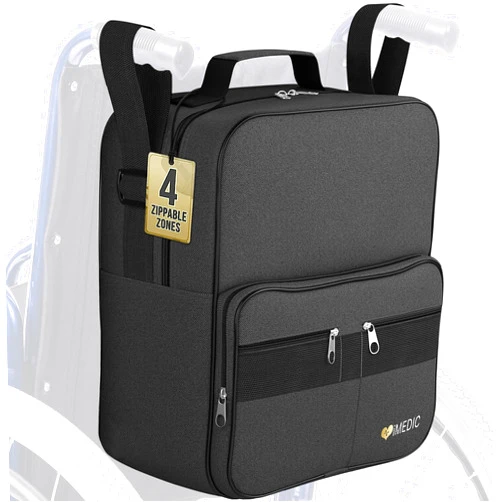 IMedic Deluxe Wheelchair Bag - Wheelchair Accessories for Adults - Wheelchair Bags to Hang on Back - Wheelchair Backpack - Wheelchair Storage Accessories - Electric Wheelchair Accessories - Black