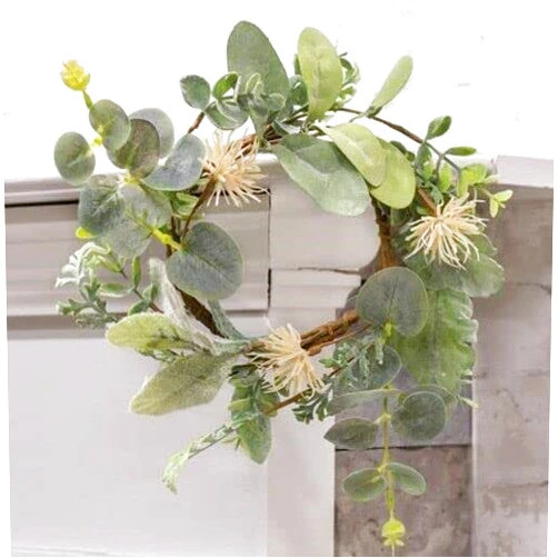 VERYN Primitive Farmhouse Green Lambs Ear Eucalyptus Candle Ring Wreath 4