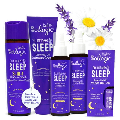 Oilogic Slumber & Sleep Bath Baby Essentials Gift Set - Includes All Over Wash, Calming Cream, Sleep Spray & Roll-On Essential Oils - Pediatrician-Tested Sleep, Comfort & Wellness Blends for Babies