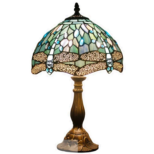 WERFACTORY Tiffany Lamp Sea Blue Stained Glass Table Lamp 12X12X18 Inches Dragonfly Style Desk Reading Light S147 Series