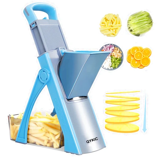 QYKIC Safe Mandoline Slicer for Kitchen, 5 in 1 Vegetable Chopper, Mandolin Potato Slicer with Thickness Adjuster, French Fry Cutter, Veggie Dicer Faster Kitchen Slicer for Meal Prep Blue