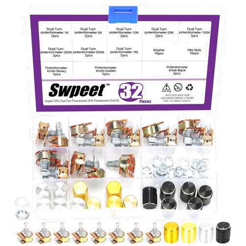 Swpeet 32Pcs 8 Type B1K 5K 10K 50K 100K 250K 500K 1M Ohm 6 Pins Split Shaft Rotary Linear Dual Taper Audio B Type Potentiometer with 3 Kinds Aluminum Alloy Knob(WH148) and Washers and Nuts Kit