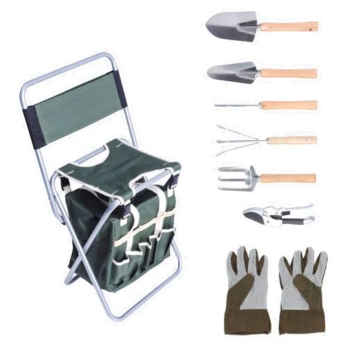 DC DICLASSE Garden Tools Set 9 Pieces, w/Folding Chair, Stainless Steel Heavy Duty Hand Tool w/Organizer Tote Bag, Wooden Handle & Gloves, Gardening Gifts for Men Women Kids