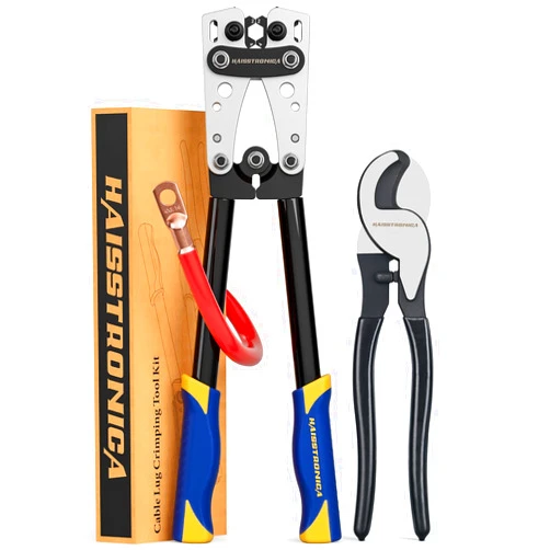 haisstronica Crimping Tool for Battery Terminals with Cable Cutters Longer Handle Heavy Duty Ratchet Hex Ring Lug Crimper,Battery Cable Lug Crimping Tool Pliers for AWG 8,6,4,2,1,1/0 Copper Wire Lugs