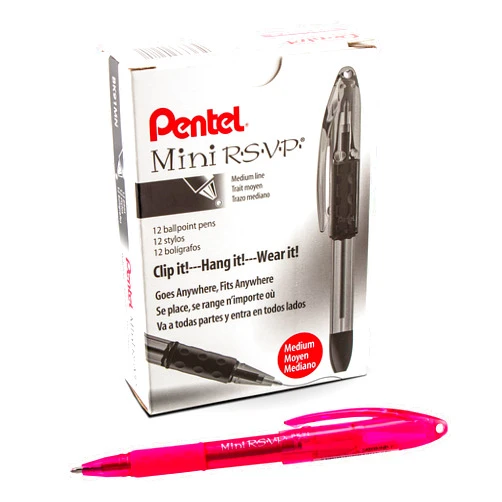 Pentel BK91MNP-P Pentel Mini R.S.V.P. Stick Ballpoint Pen, Translucent Brl, Pink Ink, Med Pt, Box of 12