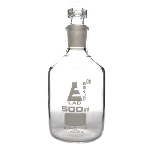 EISCO Reagent Bottle, Borosilicate Glass, Narrow Mouth with Interchangeable Hexagonal hollow glass Stopper - 500ml Labs