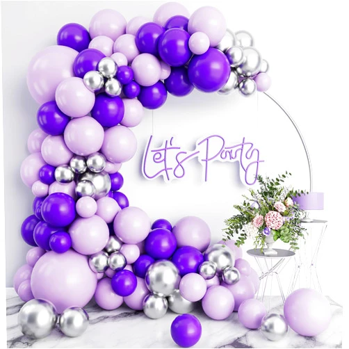 Deiiom Macaron Purple Balloon Arch Garland Kit-Dark Purple Balloon Latex Metallic Silver Balloon 132Pcs for Birthday,Gender Reveal,Baby Shower,Halloween,Christmas Party Decoration.