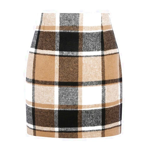 Kinghua Womens Wool Plaid Mini Skirt Fall Winter High Waisted Bodycon Pencil Skirt