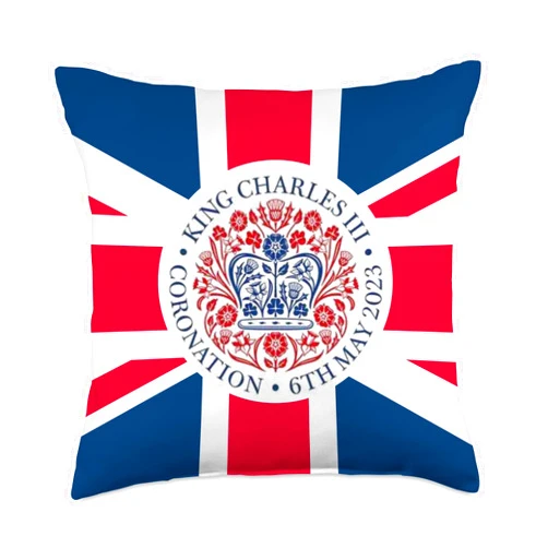 KING CHARLES III, GREAT BRITISH MONARCH, UK FLAG KING CHARLES III ROYAL CORONATION LOGO 6TH MAY 2023 KEEPSAKE Throw Pillow