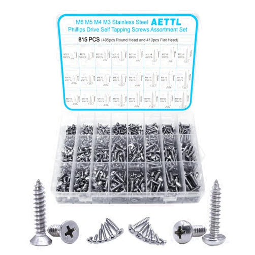 AETTL 815pcs M6 M5 M4 M3 Wood Screws Assortment Kit, Metric Stainless Steel Assorted Self Tapping Screws Set Truss Flat Pan Head Phillips Drive Drilling for Deck Drywall Concrete Sheet Metal