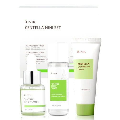 iUNIK Centella Mini Set Travel-Friendly Skincare Set Ultra calming and hydrating for sensitive skin - Tea Tree Relief Toner,Serum, Centella Calming Gel Cream