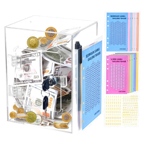 Edycur Money Saving Box, Large Acrylic Piggy Bank for Adults and Kids, Reusable Money Saving Box with 12 Money Saving Challenge Trackers, Cash Vault Saving Box with Key for Cash Saving