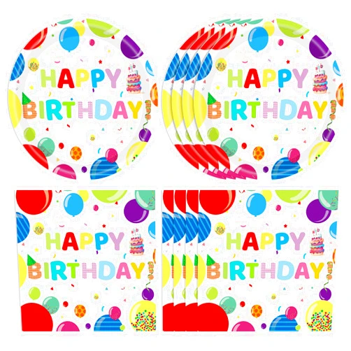 KHAIVI 40PCS Happy Birthday Decorations Colorful Balloons Design Happy Birthday Party Supplies Set Disposable Paper Birthday Plates Napkins for Boys Girls Birthday Baby Shower Serves 20