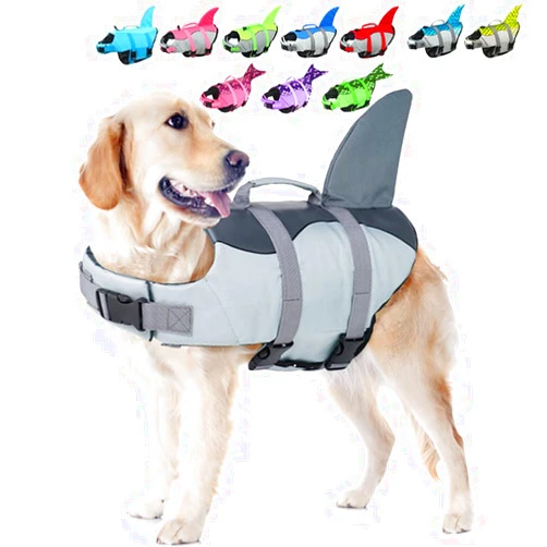 EMUST Dog Life Jacket Shark, Ripstop Dog Lifesaver Vests with Rescue Handle for Small Medium and Large Dogs, Pet Safety Swimsuit Preserver for Swimming Pool Beach Boating (XS, Grey)
