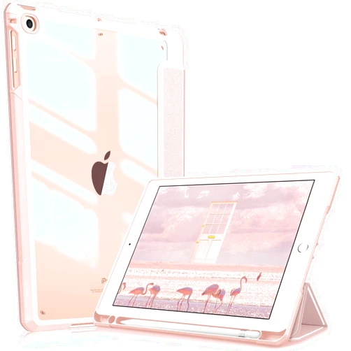 Fintie Hybrid Slim Case for iPad 6th / 5th Generation (2018/2017), iPad Air 2 / Air 1 (9.7 Inch) - [Built-in Pencil Holder] Shockproof Cover with Clear Transparent Back Shell, Rose Gold