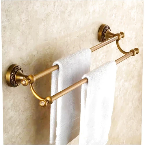 MUSHHE Double Towel Rack, Vintage Industrial Brass Towel Rail Drilling Shower Room Wall Mounted Carvings Antique Towel Rack Statues Decoration/Antique Efficiency60CM