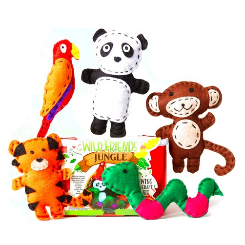 BRYTE Jungle Animal Sewing Kit for Kids Age 7 - DIY Arts & Crafts Felt Sewing Kit for Birthdays and Holidays with 5 Pre-Cut Felt Animals, Needles, Thread, Instructions & More