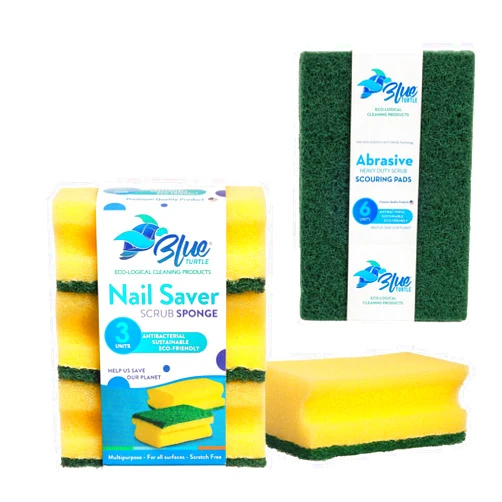 Blue Turtle Non Scratch Yellow Nail Saver Dish Sponge (3pc) & Abrasive Green Scrubbing Pads (6pc) Bundle - Kitchen Sponges and Scrubbers Combo for Soft Scrub & Dish Scrubber Needs - Natural Sponges