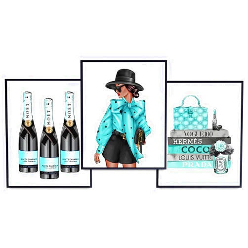 YELLOWBIRD ART & DESIGN Blue High Fashion Design Poster Print of Louis Vuitton, Prada - Black Woman, African American Women Gifts - Couture Designer Glam Wall Decor - Latina, African American Woman - Black Culture - 3-8x10's