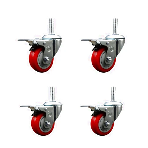 Service Caster Polyurethane Swivel Threaded Stem Caster Set of 4 w/3