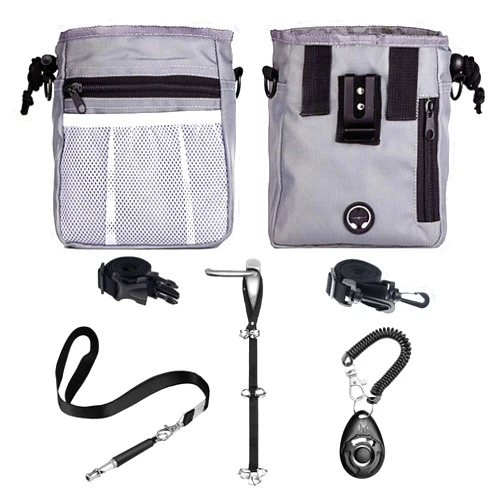 D-BUY 4-in-1 Dog Training Set, Puppy Training Treats- Dog Treat Training Pouch, Bark Control Whistle, Dog Doorbells, Dog Clicker, Ideal Gift for First Time Pet Owners, Training Dog Owners (Gray)
