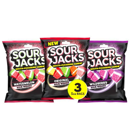 Sour Jacks Candy Gummy Snacks Variety Pack, Original, Watermelon & Wildberry 5 oz Individual Single Serve Bags (Pack of 3)