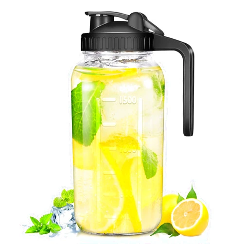 Irjeen Glass Pitchers with Handle and Lid, 2 Quart/64oz Breast Milk Pitcher, Wide Mouth Mason Jar Pitcher, Leak Proof Drink Pitcher Water Pitcher, for Water, Juice, Milk, Tea, Iced Coffee, 1 Pack