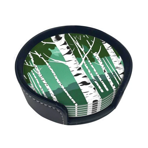 BGSHJVF Birch Trees Print Leather Coasters Set of 6,Pu Leather Drink Coasters with Storage Box for Home and Office