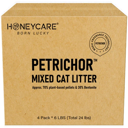 HONEY CARE Petrichor Mix Cat Litter I Tofu Cat Litter I Nature Plant-Based Pellets and Bentonite Sustainable Cat Litter I Low-Dust Qucik Clumping Superior Odor Control, 24-lbs Value Pack (6 lbs x 4)