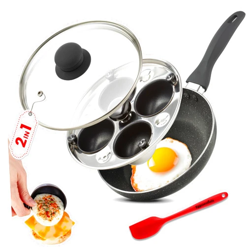 Eggssentials 2 IN 1 Egg Pan & Egg Poacher Pan, Granite Nonstick Fry Pan Poached Egg Maker and Frying Skillet with Lid, Poached Eggs Cooker Food Grade Safe PFOA Free with Spatula, Egg Cookware - 4 Cups