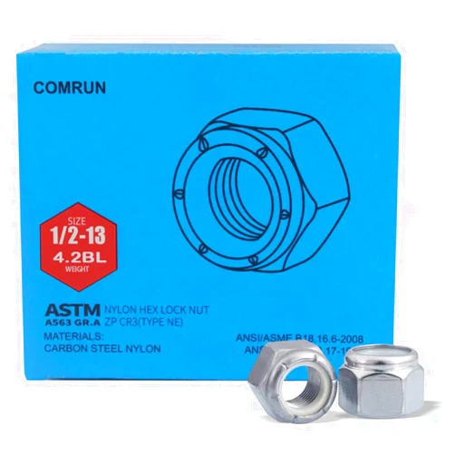 COMRUN 100Pcs 1/2-13 Nylon Insert Lock Nuts Hex Lock Nuts Carbon Steel Zinc Galvanized COMRUN Brand