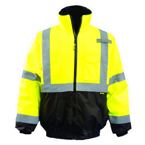 OccuNomix LUX-350-JB-BYL High Visibility 2-in-1 Quilted Black Bottom Bomber Jacket with Zip-Out Quilted Liner and 7 Pockets, Class 3, 100% ANSI Polyester, Large, Yellow