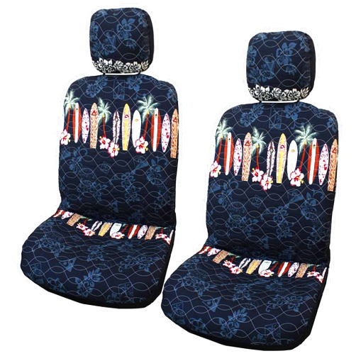 Winnie Fashion 2 Hawaiian Car Seat Covers w/ 2 Headrest Covers - Maui Surf Black and Blue (Standard No Customization, Black)