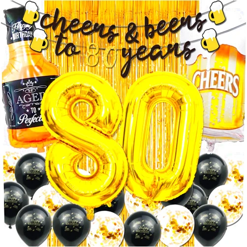 Cefanty 80th Birthday Decorations for Boys, 80 Birthday Decorations with 40 Inch Gold 80 Number Balloons, Cheers to 80 Years Banner,Fringe Curtains and Cups Foil Balloons