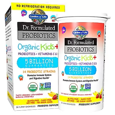 Garden of Life Dr. Formulated Probiotics Organic Kids+ plus Vitamin C & D Chewables Tablets, Gluten/Dairy & Soy Free, Immune & Digestive Health Supplement, No Added Sugar, Strawberry Banana, 30 Count Strawberry Banana Shelf Stable