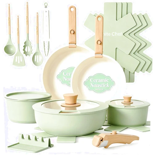 Umite Chef Non Stick Pots and Pans Set, 21 Pcs Ceramic Kitchen Cookware Set with Detachable Handle, Nonstick Healthy Induction Cookware, Dishwasher RV Cookware Set, Oven Safe, Stackable, Sage Green