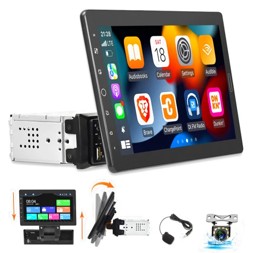 EKAT 10 inch Detachable Single Din Car Stereo with CarPlay and Android Auto, 10.1 Touch Screen 1 Din Radio with Mirror Link/1080P/EQ Audio/SWC/Bluetooth +Backup Camera+MIC