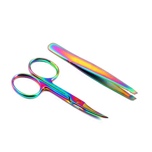 OdontoMed2011® Pack of 2 Pieces Eyebrow Scissor Curved + Slant TIP TWEEZER Facial Hair Remover Multi Color Rainbow Stainless Steel Makeup Tool Set