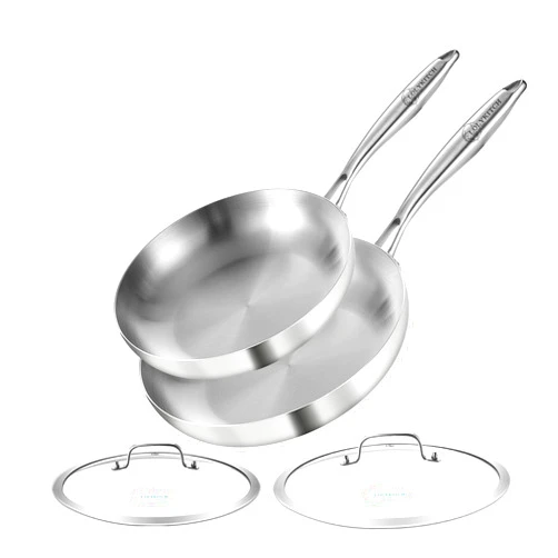 LOLYKITCH 10-12 Inch Tri-ply Stainless Steel Frying Pan Set with Lids,Skillets,Induction Cookware,Pots and Pans Set,Dishwasher and Oven Safe,Detachable Handle.
