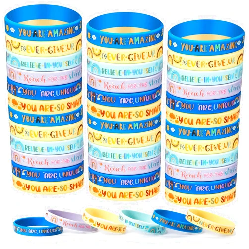 Poen 48 Pcs Boho Motivational Silicone Wristbands Boho Rainbow Silicone Bracelets Motivational Quote Rubber Wristband Bulk Inspirational Bracelet for Kids Women Men Teen Classroom Favors