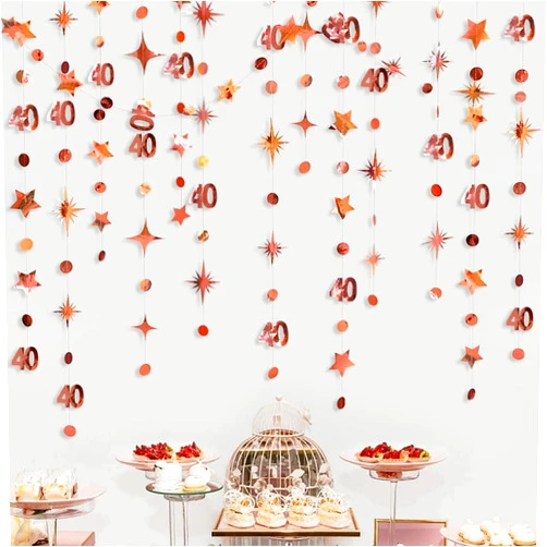 Pinkblume Rose Gold 40th Birthday Decorations Number 40 Circle Dot Twinkle Star Garland Metallic Hanging Streamer Bunting Banner Backdrop for Women 40 Year Old Birthday Forty Anniversary Party Supplies