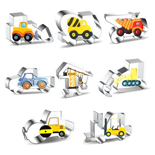 Xzhloym Construction Truck Cookie Cutter Set of 8 - Bulldozer Cement Mixer Dump Truck Pickup Truck Crane Excavator Forklift - Construction Equipment Engineering Vehicle Car Cookie Cutters Shapes Mold for Kids