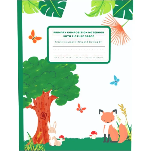Pisteuo Design Press Primary Composition Notebook with Picture Space: Kindergarten Grade K-2 | Encourage Your Child to Draw and Write | Wide Ruled Dotted Midline with 110 pages | Bonus Coloring Pages | Forest Animals