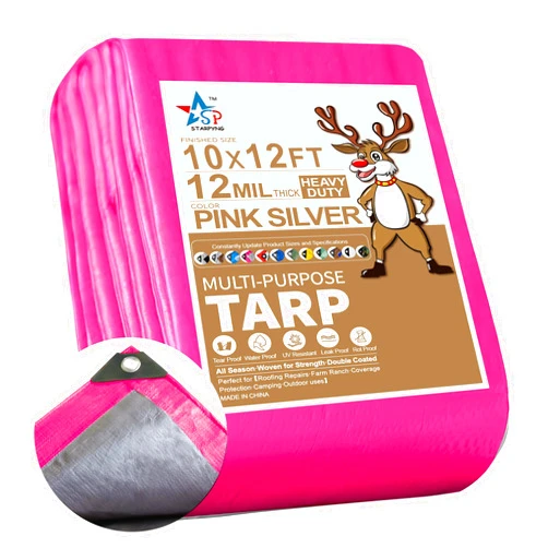 STARPYNG-12 Mil Pink/Silver 10x12 Feet Tarp-Heavy Duty Poly Tarp-Cover,Waterproof, UV Resistant, Weather Resistant, Cover Cars, Boats, Courtyards,Camping