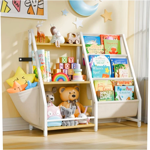 LATIBELL 3 Tier Kids Bookshelf and Toy Storage, Kids Book Sling Shelf, Montessori Baby Toddler Bookshelf for Kids, Kids Bookcase, Toy Storage Organizer, for Playroom, Bedroom, Nursery (Burlywood)
