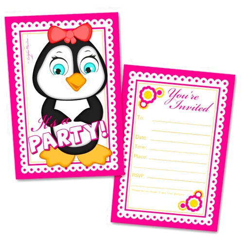 Leigha Marina Girl Penguin Party Invitation Cards for Kids, 20 Invites & 20 Envelopes - Fill in the Blank Greeting Notes - Multi-Use, Birthday, Themed Celebration