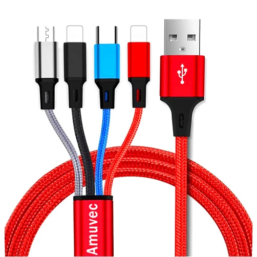 MJXIANG Multi Charging Cable, Amuvec[2Pack 4FT 3A] 4 in 1 Nylon Braided Multiple USB Fast Charge Cord with 2*IP Type C Micro USB Port Connectors Compatible Cell Phones Tablets and More