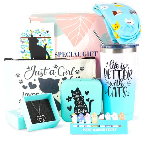 Cefanty Cat Lover Gifts for Women,Cat Mom Gifts Cat Themed Gift Basket Birthday Teacher Appreciation Valentine's Day Mother's Day Cat Lovers With 20 OZ Cat Tumbler